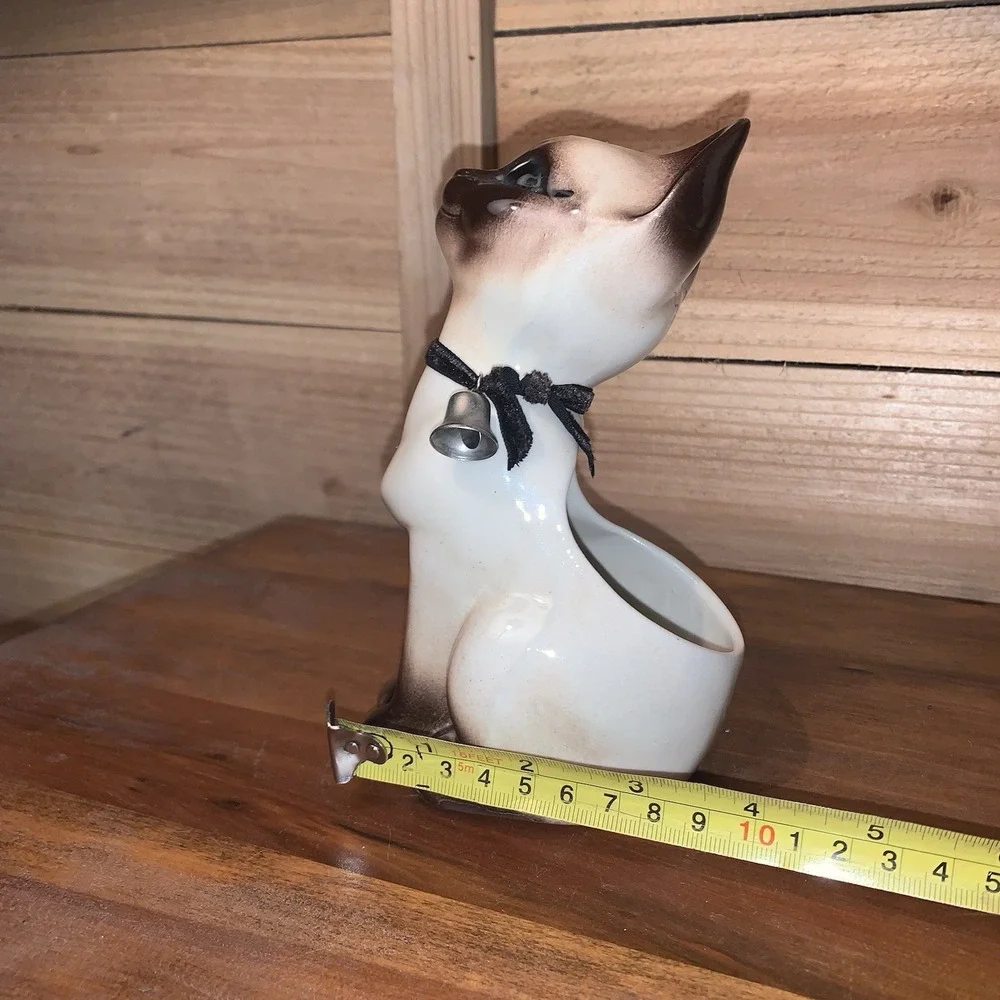 VTG Siamese Cat Ceramic Planter Granny Cottage Core Mid-Century Blue Eyes W/bell